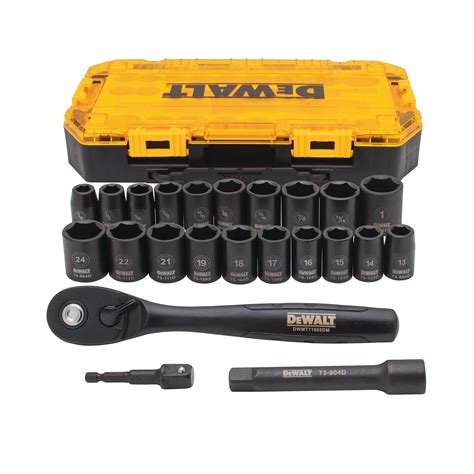 The DEWALT DWMT73806 Socket Set features 17-3/8 in. bit sockets. Lockable stacking cases. Durable transparent lid. Removable internal tray. Full life time warranty. Exceeds ANSI specifications. Includes 5-3/8 in. metric hex bits, 4-3/8 in. SAE hex bits, 8-3/8 in. torx bits.